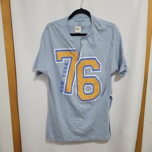 Persaya Light Blue S/S Distressed Tee with Yellow 'New York 76' Graphic, L, NEW